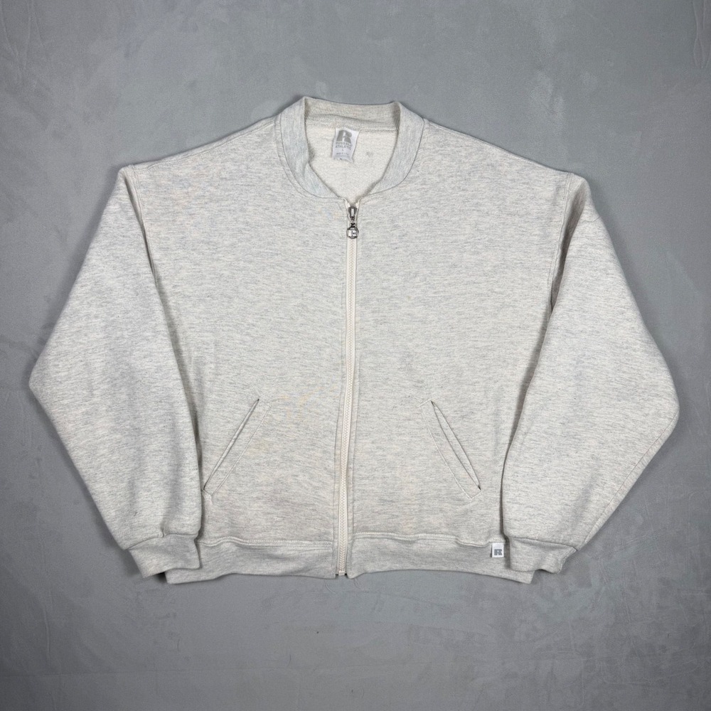 90s Mens Russell Athletic Full Zip Bomber Sweatshirt Heather Grey Large